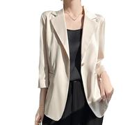 LCDIUDIU Womens Casual Summer 3/4 Sleeve Silky Satin Lightweight Blazer, Camel Suit Notch Lapel One Button Cardigan Transitional Suit Jacket Formal Office Work Wear Outerwear Tops Beige L
