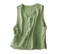 LCDIUDIU Women'S Cotton Linen Vest Casual Sleeveless Cardigans Jacket Round Neck Button Down Waistcoat Casual Fit Summer Blouse Formal Office Gilet With Pockets L Green