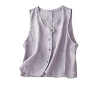 LCDIUDIU Women'S Cotton Linen Vest Casual Sleeveless Cardigans Jacket Round Neck Button Down Waistcoat Casual Fit Summer Blouse Formal Office Gilet With Pockets 2Xl Lilac