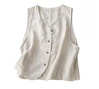LCDIUDIU Women'S Cotton Linen Vest Casual Sleeveless Cardigans Jacket Round Neck Button Down Waistcoat Casual Fit Summer Blouse Formal Office Gilet With Pockets 2Xl Beige