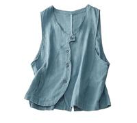 LCDIUDIU Women'S Cotton Linen Vest Casual Sleeveless Cardigans Jacket Round Neck Button Down Waistcoat Casual Fit Summer Blouse Formal Office Gilet With Pockets Xl Blue