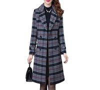 LCDIUDIU Women'S Double Breasted Plaid Woolen Coats, Green Long Sleeves Notched Lapels Midi Trench Jacket Fall Winter Slim Warm Elegant Wool Blend Overcoat with Pocket Gray Xl