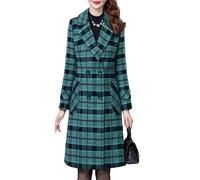 LCDIUDIU Women'S Double Breasted Plaid Woolen Coats, Green Long Sleeves Notched Lapels Midi Trench Jacket Fall Winter Slim Warm Elegant Wool Blend Overcoat with Pocket Green S