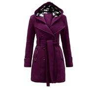 LCDIUDIU Womens Double Breasted Warm Coat Winter Autumn Elegent Trench Coat Duffle Coat With Plaid Hood Jacket Long Sleeve Jackets Mid-Length Blend Pea Coat Overcoat Cardigan,Purple,Xl