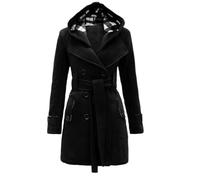 LCDIUDIU Womens Double Breasted Warm Coat Winter Autumn Elegent Trench Coat Duffle Coat With Plaid Hood Jacket Long Sleeve Jackets Mid-Length Blend Pea Coat Overcoat Cardigan,Black,S