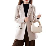 LCDIUDIU Womens Double Breasted Wool Blazer, Brown Long Sleeves Notched Lapels Midi Trench Coat Fall Winter Warm Work Office Formal Suit Jacket Elegant Overcoat with Pocket Beige M
