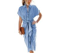 LCDIUDIU Womens Dresses,Women'S Denim Dress Elegant Short Sleeve Lapel Button Down Shirt Dress Vintage Wash Faded Bodycon Dress Summer Sexy Front Split Midi Jean Dress With Belt,L