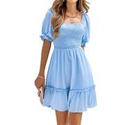 LCDIUDIU Womens Dresses,Women'S Knee Length Dresses Bohemia Light Blue Square Neck Short Puff Sleeve Skater Dress Elegant A-Line Flowy Beach Dresses Summer Swing Ruched Tiered Sundresses,S