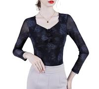 LCDIUDIU Womens Fall Flower Print Mesh Long Sleeve Blouse, Black V Neck Rose Shiny Stretch Mesh Tunic T Shirt Stylish Slim Fit Elegant Base Layer Crop Tops Black XL