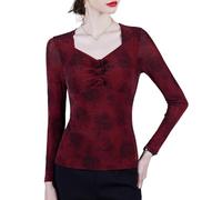 LCDIUDIU Womens Fall Flower Print Mesh Long Sleeve Blouse, Black V Neck Rose Shiny Stretch Mesh Tunic T Shirt Stylish Slim Fit Elegant Base Layer Crop Tops Red M