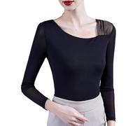 LCDIUDIU Womens Fall Mesh Long Sleeve Blouse, Black Slanted V Neck Sheer Mesh Patchwork Stretch T Shirt Stylish Slim Fit Elegant Base Layer Crop Tops Black L