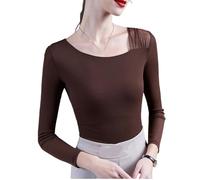LCDIUDIU Womens Fall Mesh Long Sleeve Blouse, Black Slanted V Neck Sheer Mesh Patchwork Stretch T Shirt Stylish Slim Fit Elegant Base Layer Crop Tops Brown M