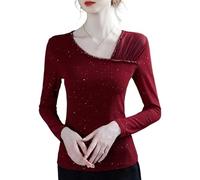LCDIUDIU Womens Fall Mesh Long Sleeve Blouse, Red Oblique Collar Beaded Trim Shiny Sequins Tunic Stretch T Shirt Stylish Slim Fit Elegant Base Layer Tunic Crop Tops Red M