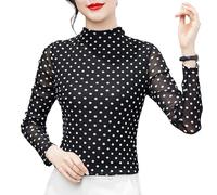 LCDIUDIU Womens Fall Mesh Long Sleeve Blouse, Retro White Polka Dot Half Turtleneck Tunic Stretch T Shirt Stylish Classic Slim Fit 20S Base Layer Elegant Crop Tops White XL