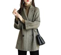 LCDIUDIU Women'S Herringbone Pattern Woolen Trench Coat,Brown Notched Lapels Double Breasted Tweed Outerwear Long Sleeves Casual Fall Winter Transition Suit Jackets With Pocket,S