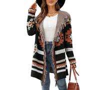 LCDIUDIU Women'S Long Cardigan With Hood,Long Sleeve Boho Fringed Knitted Cardigans Aztec Tribal Stripe Longline Hooded Sweater Coat Autumn Winter Knitting Jumpers Outerwear,Black,S