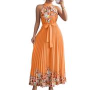 LCDIUDIU Women's Maxi Dresses Halter Neck Summer Dress, Floral Print Sleeveless Off Shoulder Flowy A Line Elegant Long Gown with Belt for Wedding Party Beach Vacation Orange XL
