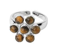 LCDIUDIU Womens Natural Stone Rings, Silver Flower Inlay Round Natural Reiki 7 Chakras Energy Stone Open Adjustable Finger Circlet Thumb Band Jewelry Gift for Girlfriend Wife Tiger Eye