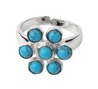 LCDIUDIU Womens Natural Stone Rings, Silver Flower Inlay Round Natural Reiki 7 Chakras Energy Stone Open Adjustable Finger Circlet Thumb Band Jewelry Gift for Girlfriend Wife Blue Turquoise
