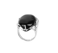 LCDIUDIU Womens Natural Stone Rings, Silver Setting Oval Reiki Malachite Energy Gem Open Adjustable Finger Circlet Thumb Band Jewelry Gift for Her Girlfriend Wife Mom Black Agate