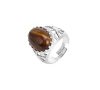 LCDIUDIU Womens Natural Stone Wide Rings, Silver Hollow Setting Oval Reiki Opal Energy Gem Open Adjustable Finger Circlet Thumb Band Jewelry Gift for Girlfriend Wife Mom Tiger Eye Stone