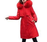 LCDIUDIU Women'S Padded Faux Fur Hood Winter Parka Coat,Red Fleece Lined Mid-Length Warm Transition Jacket Casual Fashion Drawstring Waist Outdoor Padded Jacket With Pockets,M