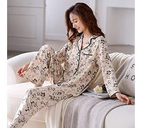 LCDIUDIU Women'S Pyjama Sets,Women'S Cotton Pyjama Sets Beige Lapel Floral Button Pockets Elegant Cosy Warm Long Sleeve Pjs Top &Amp; Bottoms Set Loungewear Nightwear Soft Sloth Sleepwear Xmas Gift,M