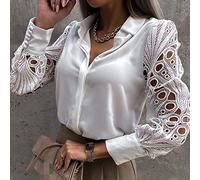 LCDIUDIU Womens Shirts,Women'S Sexy Lace Shirt White Solid Lapel Hollow Lace Stitching Cardigan Jacket Elegant Daily Leisure Blouse Long Sleeve Button Down Blouses Casual Tunic Streetwear Tops,Xxl