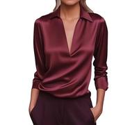 LCDIUDIU Women's Silky Satin Deep V Neck Blouse, White Long Sleeve Collared Sexy Tunic Top Solid Slim Fit Luxury Satin Shirts Dressy Casual Blouse for Business Office Party Daily Night Dark Red M