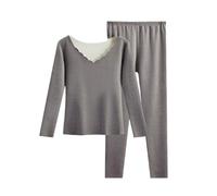 LCDIUDIU Womens V-Neck Thermal Underwear Sets,Grey Top And Bottom Ultra Thin Thermal Pajamas Set Slim Soft Long Sleeve Top &Amp; Leggings Pants Winter Warm Base Layer Set,Xs