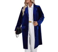 LCDIUDIU Womens Velvet Long Blazer Jacket, Teal Blue Notched Lapel Button Up Suit Jacket Vintage Long Sleeves Blazer Trench Coat Casual Loose Daily Office Work Velour Outerwear Blue XL