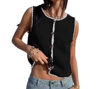 LCDIUDIU Womens White Sleeveless Knitted Vest, Crew Neck Contrast Trim Sweater Gilet Button Up Cardigan Waistcoat Cropped Tank Tops Summer Casual Slim Fit Beach Knitwear Black XL