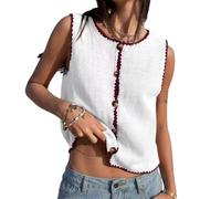 LCDIUDIU Womens White Sleeveless Knitted Vest, Crew Neck Contrast Trim Sweater Gilet Button Up Cardigan Waistcoat Cropped Tank Tops Summer Casual Slim Fit Beach Knitwear White XL