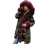 LCDIUDIU Womens Winter Fashion Parka Jacket Faux Fur Hooded Camouflage Military Coat Warm Jacket Long Outdoor Padded Jacket Long Sleeves Windbreaker Outerwear Plus Size,Burgundy,S