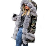 LCDIUDIU Womens Winter Fashion Parka Jacket Faux Fur Hooded Camouflage Military Coat Warm Jacket Long Outdoor Padded Jacket Long Sleeves Windbreaker Outerwear Plus Size,Gray,M