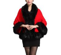 LCDIUDIU Womens Winter Knitted Ponchos, Whtie Faux Fur Collar Rose Flowers Knit Cardigans Bolero Cape Oversize Warm Scarf Blanket Wraps Elegant Sweater Cloak for Wedding Bride Red