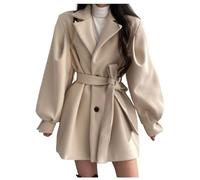 LCDIUDIU Womens Woolen Blend Autumn Winter Cropped Belted Trench Jacket Coat, Beige Notched Lapel Long Puff Sleeve Jackets Casual Fashion Outwear With Pocket,Xs