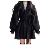 LCDIUDIU Womens Woolen Blend Autumn Winter Cropped Belted Trench Jacket Coat,Black Notched Lapel Long Puff Sleeve Jackets Casual Fashion Outwear With Pocket,M