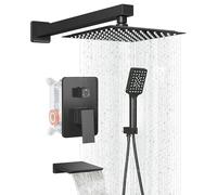 LCEVCGK Shower Faucet Set Complete Matte Black Shower System with 10 inch Square Rainfall Shower Head 3-Function Handheld Shower Waterfall Bathtub Spout Rain Shower Combo Set Bathroom Wall Mounted