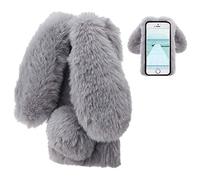 LCHDA iPhone 7 8 Case Rabbit Plush Grey Fur Cute Kawaii 3D Rabbit Ear Protective Case Winter Warm Soft Hairy Pattern Soft Silicone TPU Anti-Shock Anti-Dust Unbreakable Case Cover