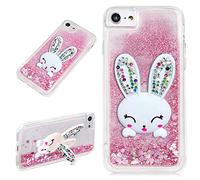 LCHDA iPhone 7 8 Liquid Glitter Case Pink With Bunny Ear Sparkle Quicksand Floating Luxury Bling Cute 3D Cartoon Rabbit Kickstand Crystal Silicone Cover Bumper For Girls Women 4.7 inch