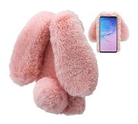 LCHDA Plush Case for Samsung Galaxy S21 FE 5G, Fluffy Artificial Rabbit Fur Cute Rabbit Ears Girls Cute Furry Mobile Phone Case Shockproof Protective TPU Silicone Case Pink