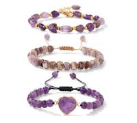 LCHJX 3Pcs Amethysts Stone Bead Bracelets Set Natural Purple Quartzs Gem Bangle Wristband Yoga Party
