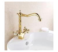 LCHJX Antique Brass Basin Faucet, 360° Swivel Spout, Double Handle Hot & Cold Kitchen Bathroom Mixer Tap, Gold(Brass)