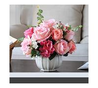 LCHJX Artificial Flowers Fake Flowers Centerpieces - Real Touch Silk Flowers Decoration Artificial Silk Rose Bonsai in White Ceramic Vase, Elegant Flowers Tabletop Centerpieces