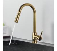 LCHJX Brushed Gold Kitchen Wash Basin Faucet Hot Cold Mixer Tap 360° Rotating Spout Deck Mount Brushed Surface Two Outlet Modes,Brushed Gold