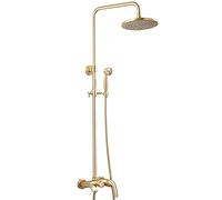 LCHJX Brushed Gold Rain Shower System 10 Inch Shower Faucet Set Brass Single Handle Shower Combo Set Wall Mounted Rain Mixer Shower with Tub Spout, Handheld Shower,Shower Head