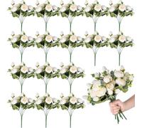 LCHJX Exotic Dried Flower Bouquet 16 Packs Pink Artificial Peony Flowers, Beautiful Peonies Bouquet for Home Table Door Decor(White)