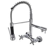 LCHJX Kitchen Fauce with Pull Down Sprayer Dual Holes Wall Mount Spring Kitchen Sink Faucet 360° Rotation Brass Double Cross Knobs Hot Cold Water Kitchen Mixer Tap,Black（Cromo）