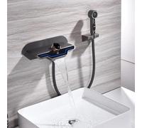 LCHJX Modern Wall Mounted Bathtub Faucet with Handheld Shower LED Temperature Display & Waterfall Spout Single Handle Tub Mixer Tap